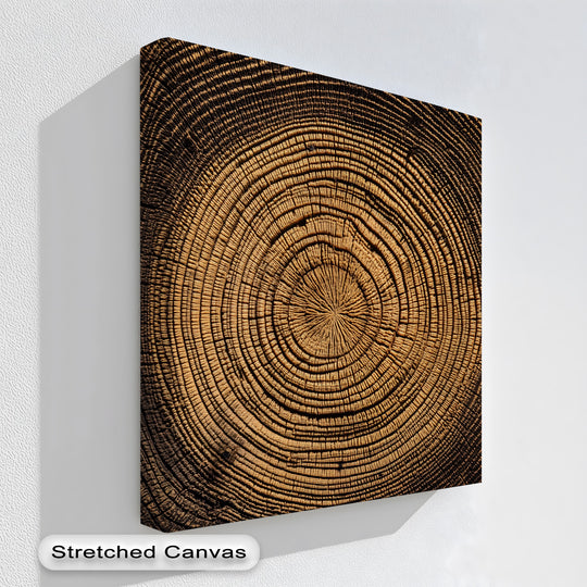 The visible edge of the tree rings wood texture natural abstract wood wall art displays high quality canvas prints stretched cleanly around its borders.