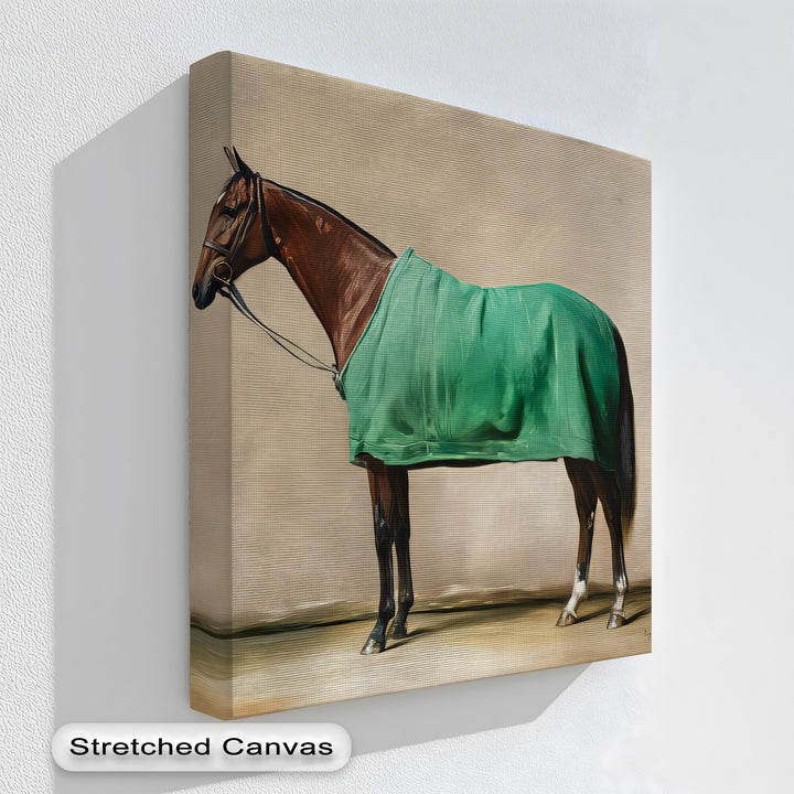 Poised Champion – Racehorse Draped in Green Blanket Canvas Print