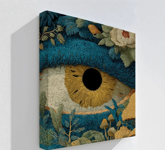 Striking color contrast defines this surreal forest canvas print, highlighting the botanical eye illustration with its contrasting cool blues and warm golden hues, a framed canvas art piece.