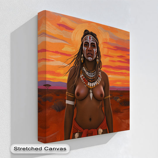 Painted on the canvas art prints, the distant horizon glows like the softest element in 'Warrior of the Dusk,' a striking naked canvas print featuring tribal erotic art.
