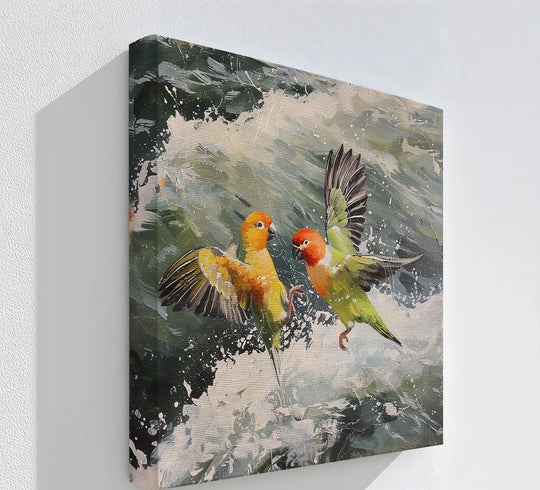 The focal point captures vibrant lovebirds in flight above swirling ocean waves, creating a captivating canvas wall decor animal canvas print with dynamic energy.