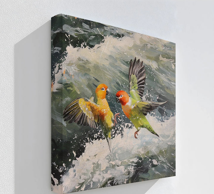 Splash of Love – Colorful Lovebirds Over Ocean Waves Animal Canvas Print - MyPhotoStation