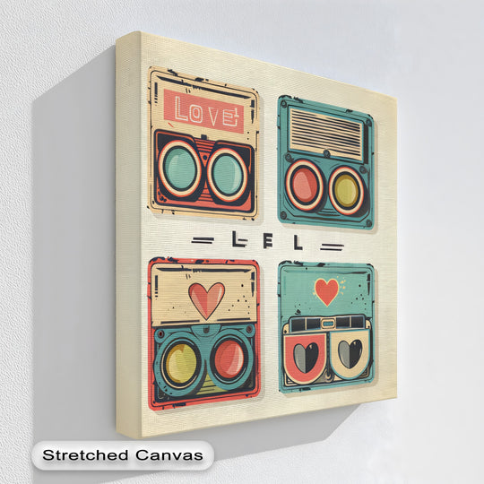 The focal point showcases a vibrant Love Pop Radios canvas artwork, featuring retro romance-inspired designs and pastel tones perfect for adding a touch of vintage charm.