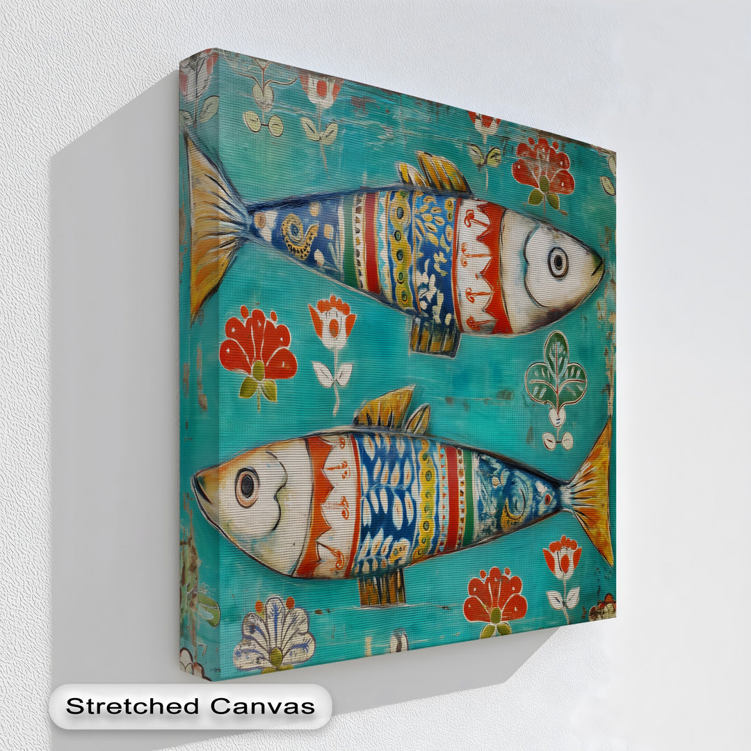 Minimal negative space surrounds these two folk fish in this colorful Scandinavian folk art framed canvas print, drawing focus to the vibrant details.