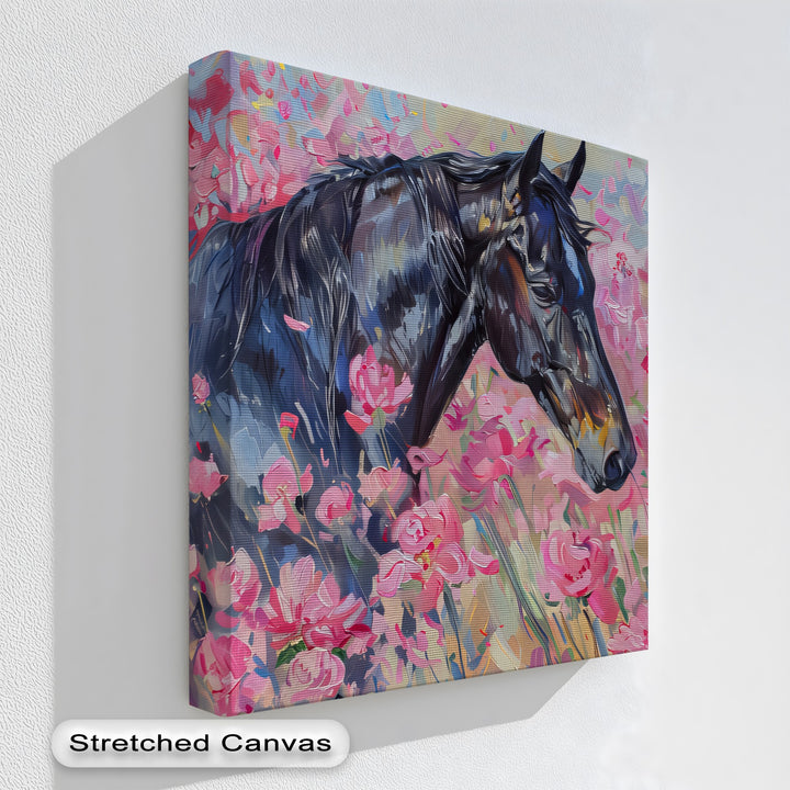 Blossom Drift – Black Horse in Pink Field Canvas Print