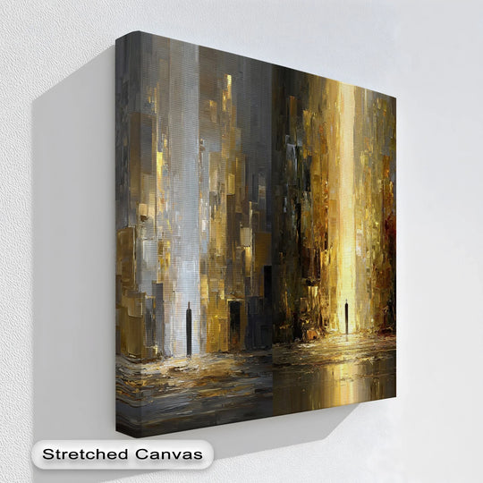 The darkest area of this canvas painting art print depicts an abstract cityscape where shadows contrast dramatically with dual realms of luminous golds and silvers.