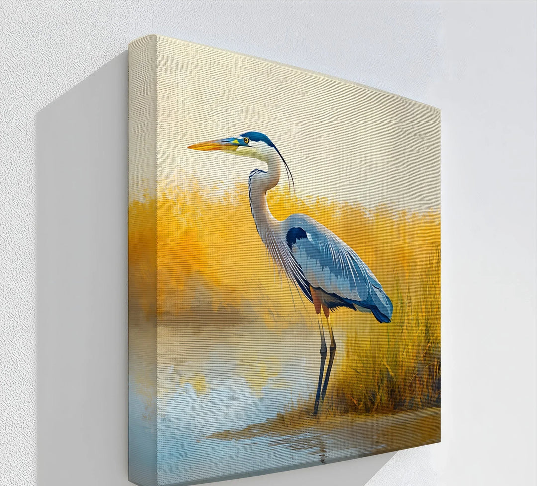 Golden Waters – blue heron canvas wall art with autumn tones.

