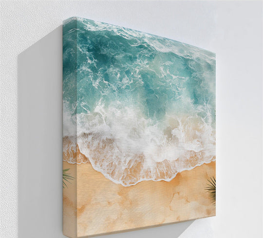 Showing the focal point of this aerial beach view canvas artwork depicts the shoreline meeting turquoise waters in canvas prints, creating a vivid tropical scene.