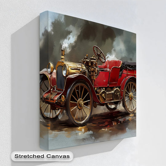 Visible brushstrokes define the surface texture of this 'Golden Era Drive' canvas art prints, accentuating the vintage brass car and its red leather details.