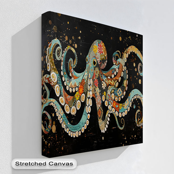 The warm, radiant tones of the mosaic octopus vibrantly pop against the cool, dark background of this striking hanging canvas.