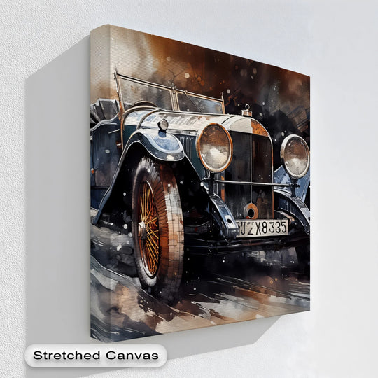 Highlighting the layering effect, this premium canvas decor piece showcases a classic open-top car in a painterly style, creating depth and texture for a vintage aesthetic.