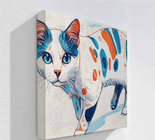 Whimsical mood emanates from this colorful 'Cosmic Cat' canvas artwork, showcasing an abstract pop art style feline captured in a vibrant canvas print.