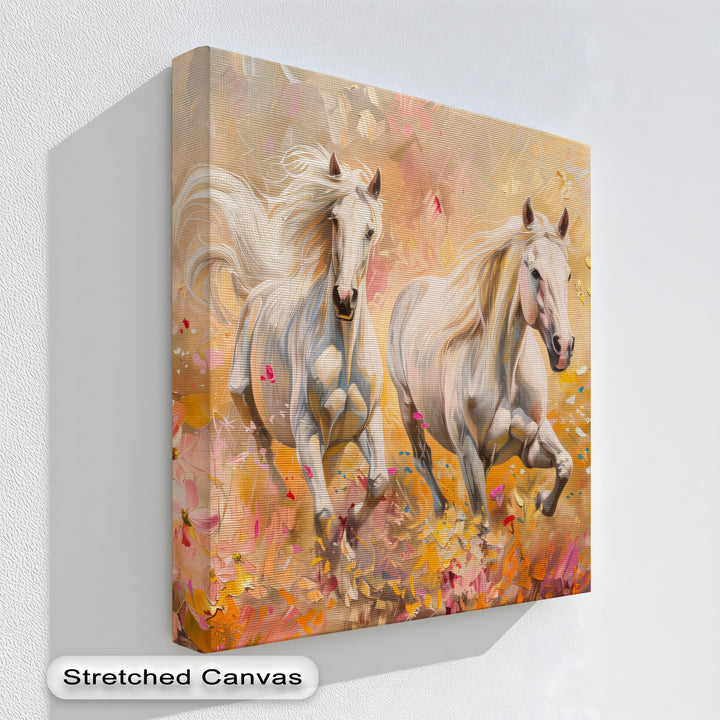 Wild Blossom Run – White Horses Among Petals Canvas Print
