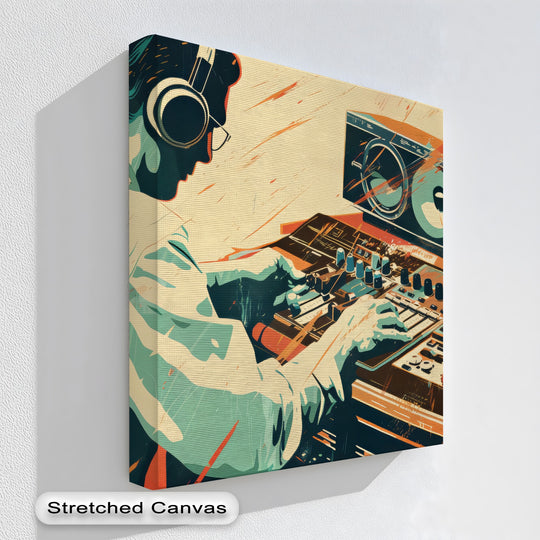 Subtle surface texture enhances this retro DJ studio canvas print, showcasing the detailed rendering of the mix master flow, offering depth in canvas wall decor.