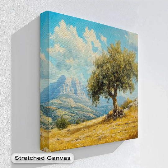 The lone olive tree, the focal point of this big canvas prints artwork, stands majestically against a backdrop of sun-drenched Mediterranean landscape.