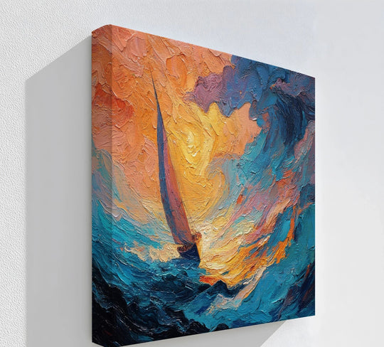 Rushing forward, dynamic brushstrokes capture the forceful movement of the ocean waves in this abstract sailboat sunset canvas art print.