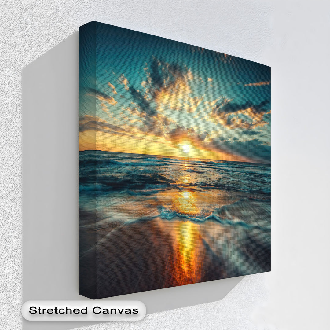 Incredible color saturation defines this golden ocean sunset canvas wall art, vividly portraying reflective waves and clouds, a peaceful beach wall art.