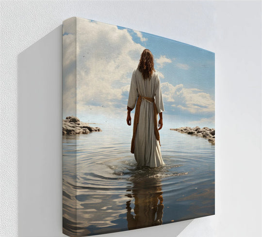 Dominant blue hues create a serene atmosphere in this Heaven’s Reflection canvas print, showcasing one of the best canvas prints depicting Jesus walking on water.