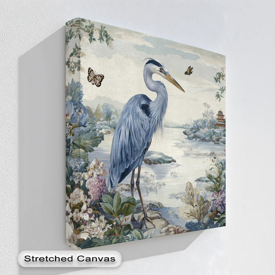 Layers of exquisite flora enhance the depth of this elegant heron garden canvas print, a striking piece of premium canvas decor showcasing floral nature art.