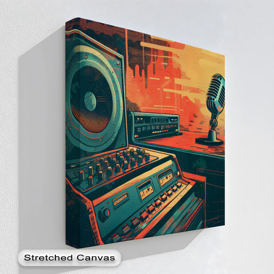 Bathed in light, this broadcast beats canvas art prints piece shows a retro radio studio featuring a microphone, mixer, and cassette decks, ideal as wall decor.