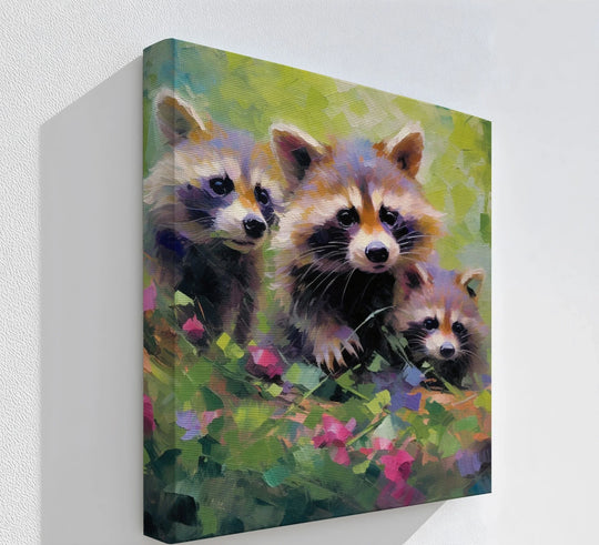 The stillness of the scene captures three watchful raccoons rendered in premium canvas decor, their expressions hinting at a quiet moment in their wild habitat.