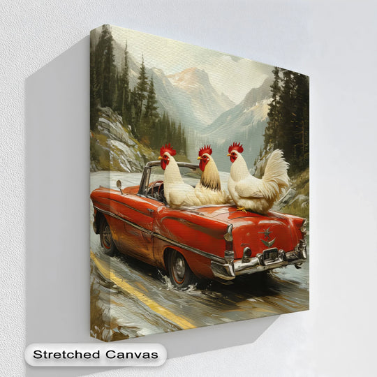 Vertical car canvas print showcases a retro red convertible with chickens, adding a playful touch to your canvas wall decor.