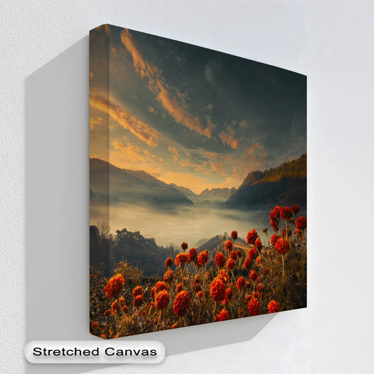 Golden hour light seems to cascade down the Mountain Sunrise landscape canvas art, making the red flowers ripple in an unseen breeze.