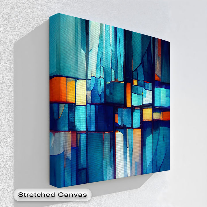 The tightly wrapped edges of this vibrant blue mosaic canvas wall decor reveal the rich, abstract stained glass design.