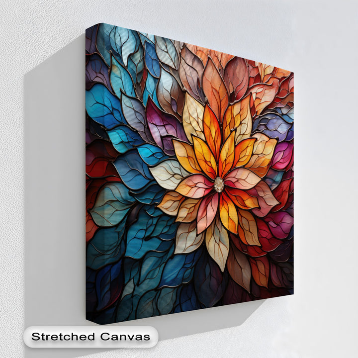 The realistic detail of this vibrant stained glass flower canvas wall decor showcases intricate layered petals and a glistening jewel-like center.