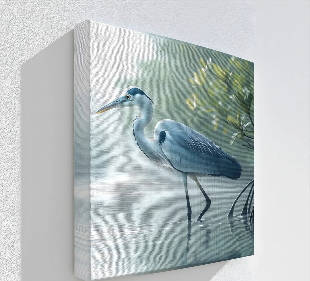 Morning Mist Heron – elegant canvas print of a bird in tranquil waters.

