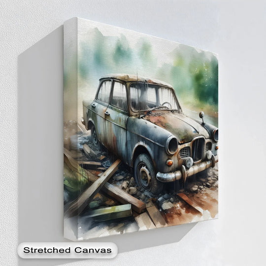 Nostalgic mood emanates from this 'Abandoned Vintage Car' canvas artwork, a watercolor-style canvas print evoking wistful feelings of forgotten eras.