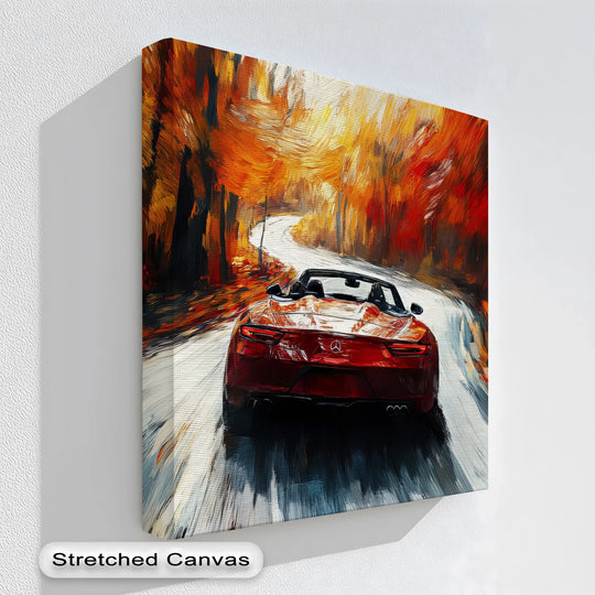 Geometric planes define the perspective of this vibrant autumn roadster in motion, a striking car canvas wall decor print, emphasizing the speed and curves of the convertible.