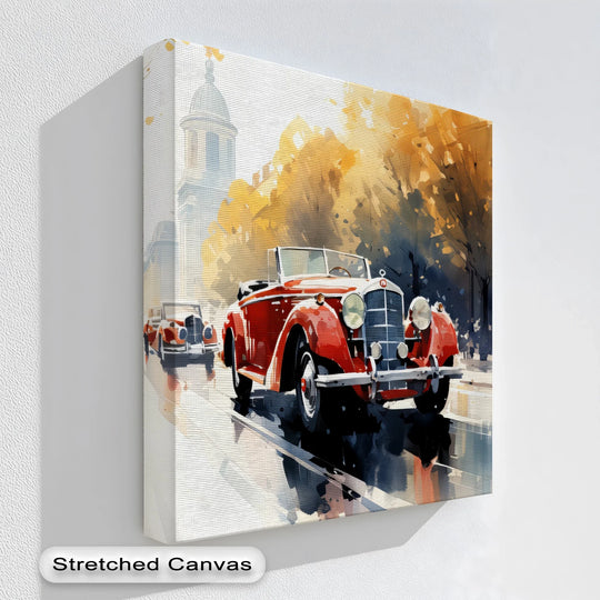 Captured with the blurred motion of a classic car amidst an autumnal street, this car canvas artwork print brings a dynamic sense of motion.