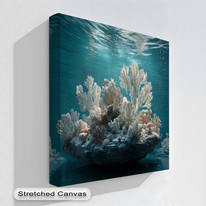 The darkest area reveals deep, shadowy reflections beneath the vibrant white coral reef in this stunning underwater ocean canvas art print.