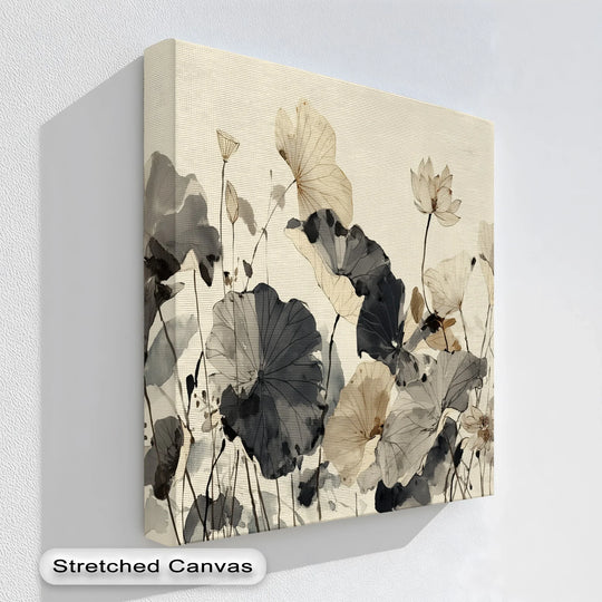 Depicting the darkest area of the minimalist ink floral framed canvas art print, deep charcoal shades highlight the ethereal lotus dance.