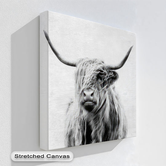 The focal point of this premium canvas decor is a striking Highland Cow, its face shrouded by shaggy fur, making a bold minimalist farm animal statement.