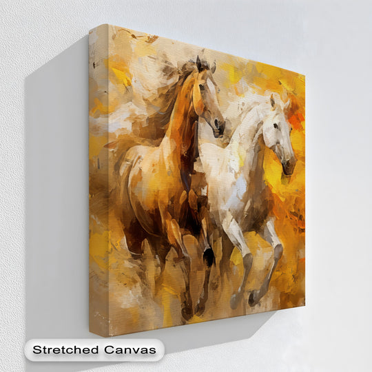 Canvas wall art galloping horses in gold and brown and horse canvas print adds movement and warmth