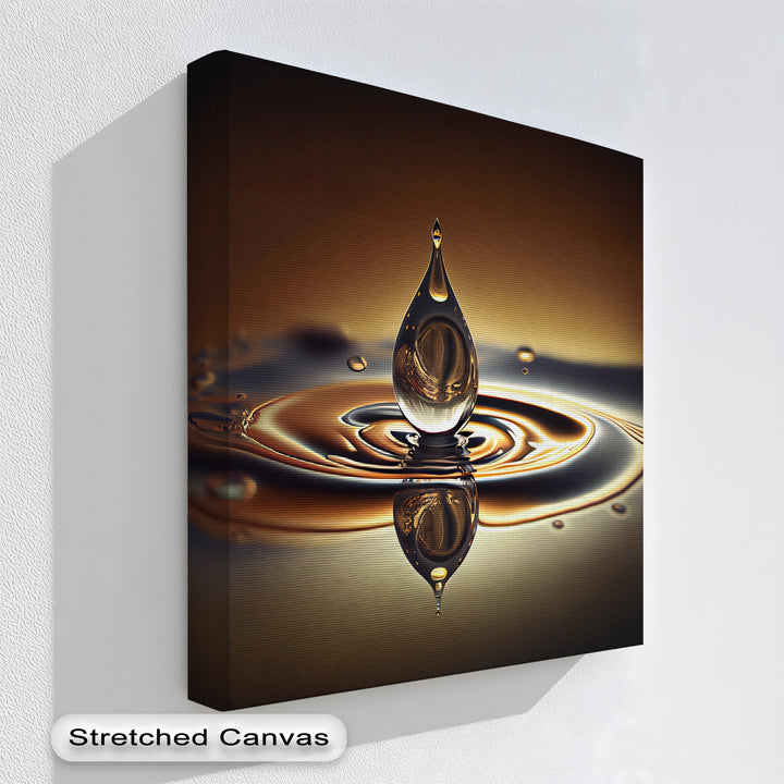 The structured, dark brown edge and precise borders of this high quality canvas prints display a luxury abstract golden water drop.