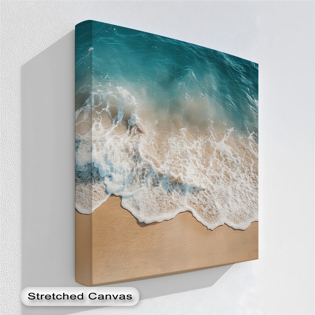 Capture the calm of the coast with this aerial shoreline canvas print—vivid ocean waves meet soft sand for the perfect coastal wall art statement.

