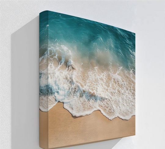 Depth and layers highlight the textured effect of this best canvas prints artwork, showing aqua blue waves cascading onto a sandy shore in a captivating display.
