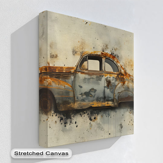 Suggesting speed and dynamism, the vintage car in this car canvas artwork seems to burst forth with blurred edges and energetic splashes of color.