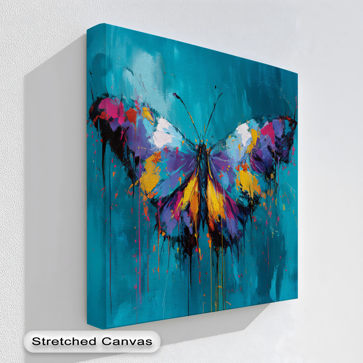 Geometric shapes define the butterfly's wings in this premium canvas decor, a colorful abstract print with a vibrant teal background.