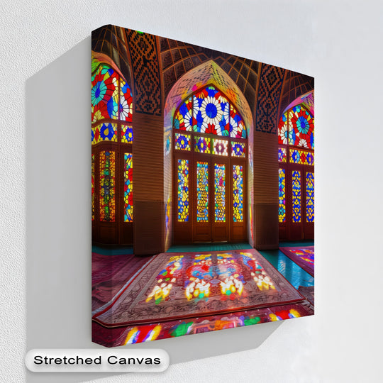 Sunlit stained-glass patterns are the loudest element in this 'Sunlit Persian Grandeur – Persian Canvas Print', a piece of gorgeous canvas wall decor.