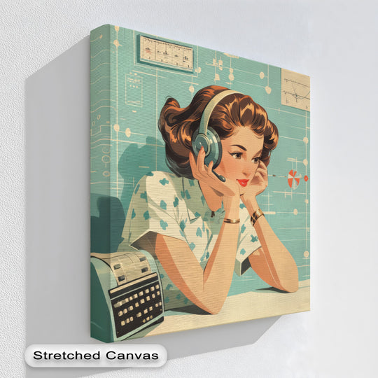 Cool color temperature dominates this canvas art prints image of an atomic signals retro science woman canvas print, casting a soft, analytical glow on the scene.
