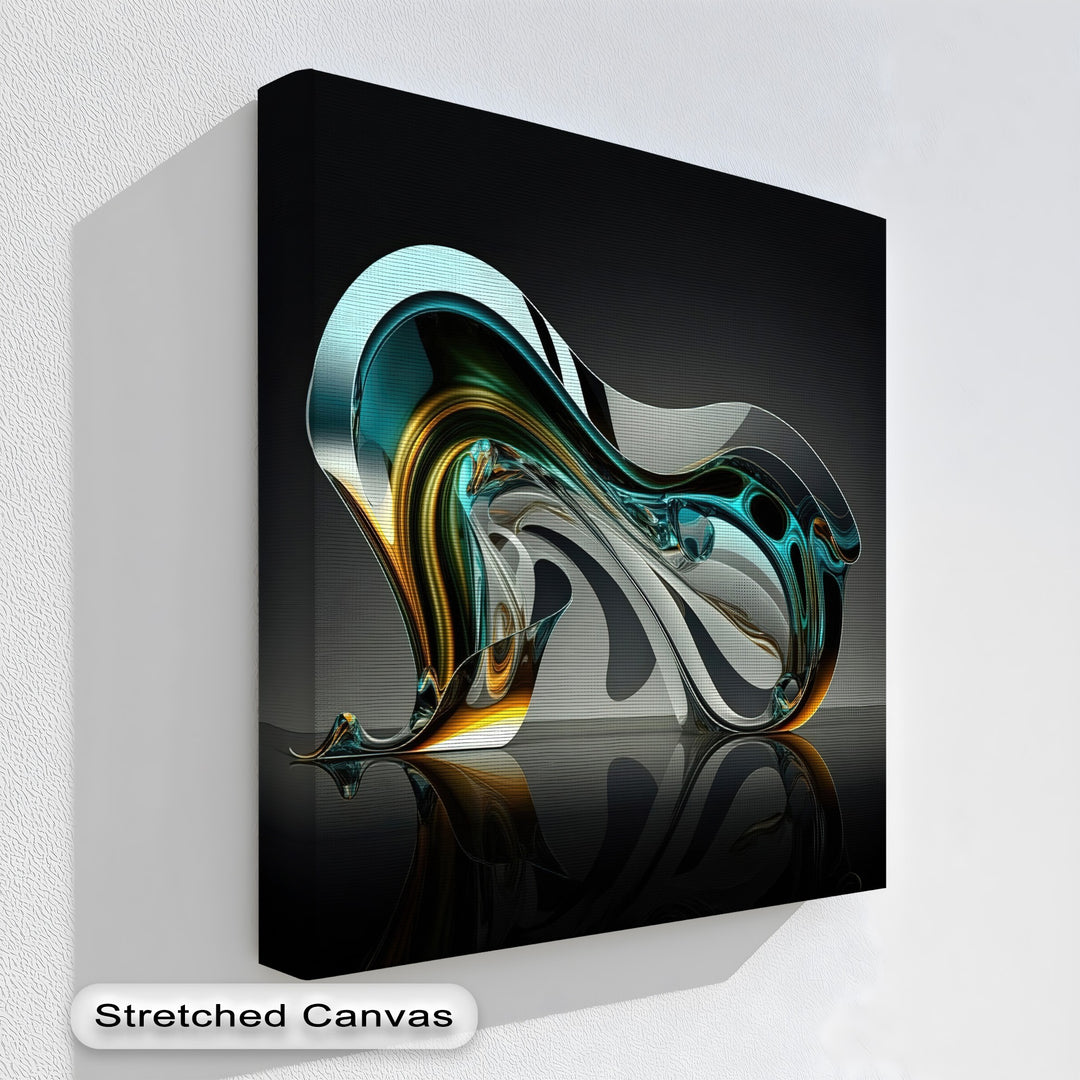 Geometric elements of this Modern Luxury Abstract canvas artwork feature intricate aqua, gold, and black flowing forms with a metallic sheen.