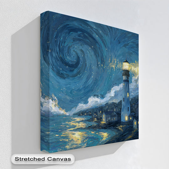Swirling brushstrokes of the night sky dominate this lighthouse canvas art print, a dramatic coastal canvas print reflecting nautical charm.