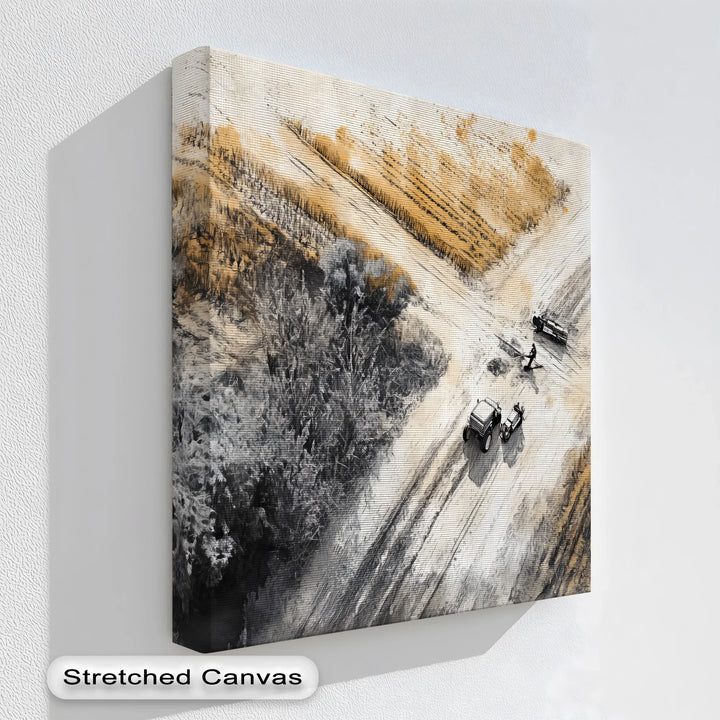 Aerial Tractor Scene in Ink & Ochre – Car Canvas Print