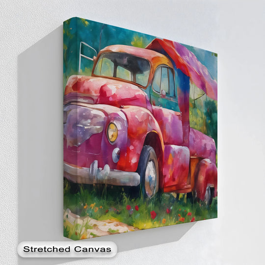 Curving lines define the cab and bed of the vintage truck, showcasing the beauty of organic forms within the colorful car framed canvas print.