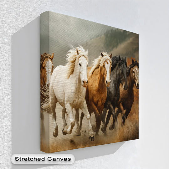 Illuminating the wild horses is the brightest area of this unique canvas print, showcasing the thundering freedom of these animals running in an autumn setting.