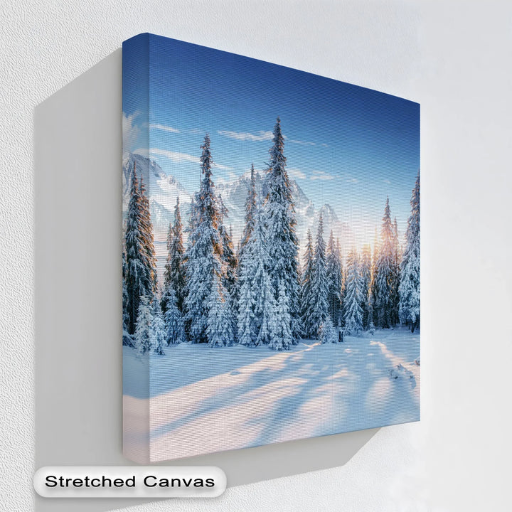 Silent Pines in Winter Sun – Snowy Forest Landscape Canvas Print